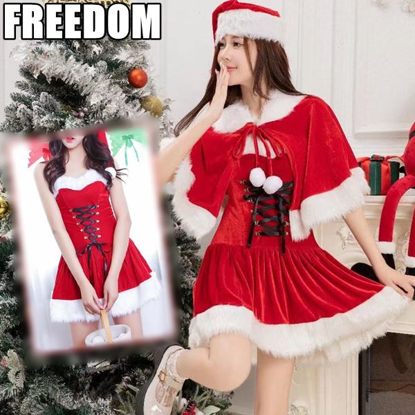 クリスマス サンタ サンタレディ サンタガール サンタクロース コスプレ コスチューム 衣装 キャバ サンタワンピ セクシー パーティー イベント ハロウィン ★ 可愛いケープ付き！クリスマスサンタガール3点セットコスチューム ★ フリーダム セール sale