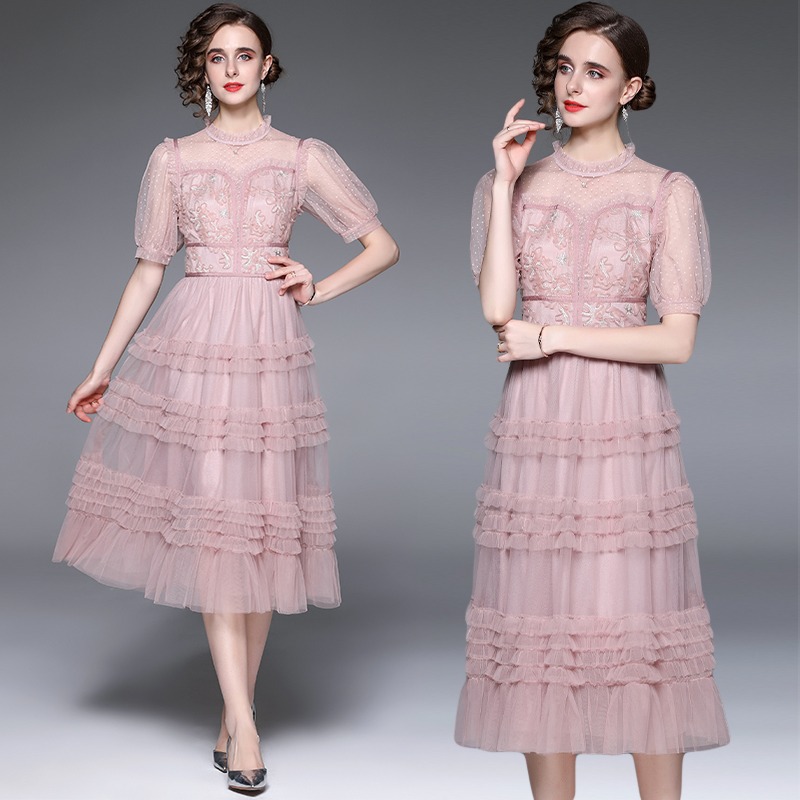 ★S～3L★パーティー ドレス ロング ロングドレス ワンピース ワンピ パーティードレス パーティーワンピ 結婚式 二次会 大きいサイズ★クラシカル系 上品印象 花柄刺繍 レースドット柄切替 可愛いフリル 5分袖 チュールドレスワンピース S M L 2L 3L サイズ★フリーダムsale
