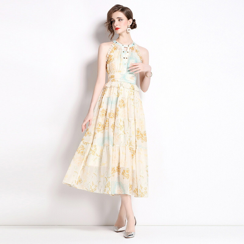 ★M～3L★1色★イエロー パーティー ドレス ロングフレアワンピ ワンピース ワンピ パーティードレス パーティーワンピ 結婚式 二次会 大きいサイズ★クラシカル系 レトロ感 ホルターネック ペプラム シフォンロングワンピースドレス M L 2L 3L サイズ★フリーダムsale