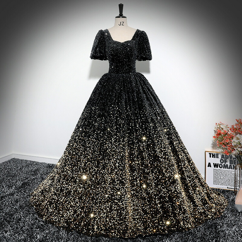 ★XS～4L★1色★ブラック ドレス ロング ロング丈ドレス ゴージャスドレス パーティー インスタ 撮影★クラシカル系 上品＆豪華！上品感 立体感 贅沢感 胸元スクエアネック キラキラスパンコール  Aライン ゴージャスロングドレス XS S M L 2L 3L 4L サイズ★フリーダムsale