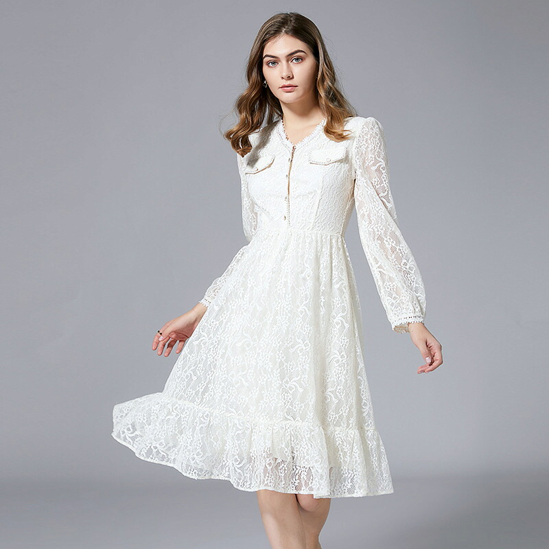 ★L~6L★1色★ホワイト 大きいサイズ ドレス トップス ワンピース ワンピ パーティードレス パーティーワンピ 結婚式 二次会 お呼ばれ インスタ 撮影 アイドル★上品感 Vネック 上質花柄総レース素材の長袖フレアドレスワンピース★フリーダム L 2L 3L 4L 5L 6L サイズsale