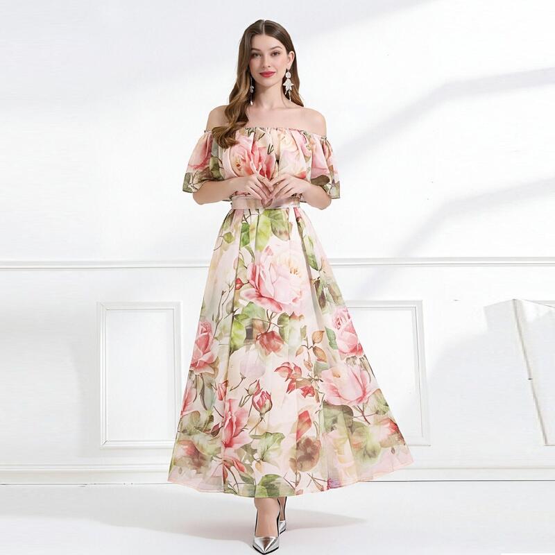 ★S～3L★1色★花柄 パーティー ドレス ロング丈 ロングドレス ワンピース ワンピ パーティードレス パーティーワンピ 結婚式 二次会 大きいサイズ★オシャレ 大人可愛い ハワイ風 オフショルダー 花柄プリントシフォンドレスワンピース S M L 2L 3L サイズ★フリーダムsale