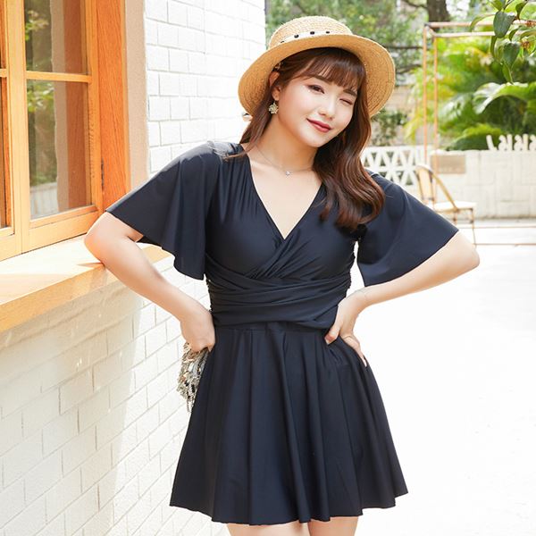 大きいサイズ 水着 水泳 海水浴 ビーチ リゾート プール ワンピース水着 水着ワンピ 海 海岸 大きい水着 体型カバー 販売 Vネックフレアデザインのショートパンツ一体型ワンピース水着 2l 3l 4l 5l 6l サイズ フリーダム セール Sale Butlerchimneys Com