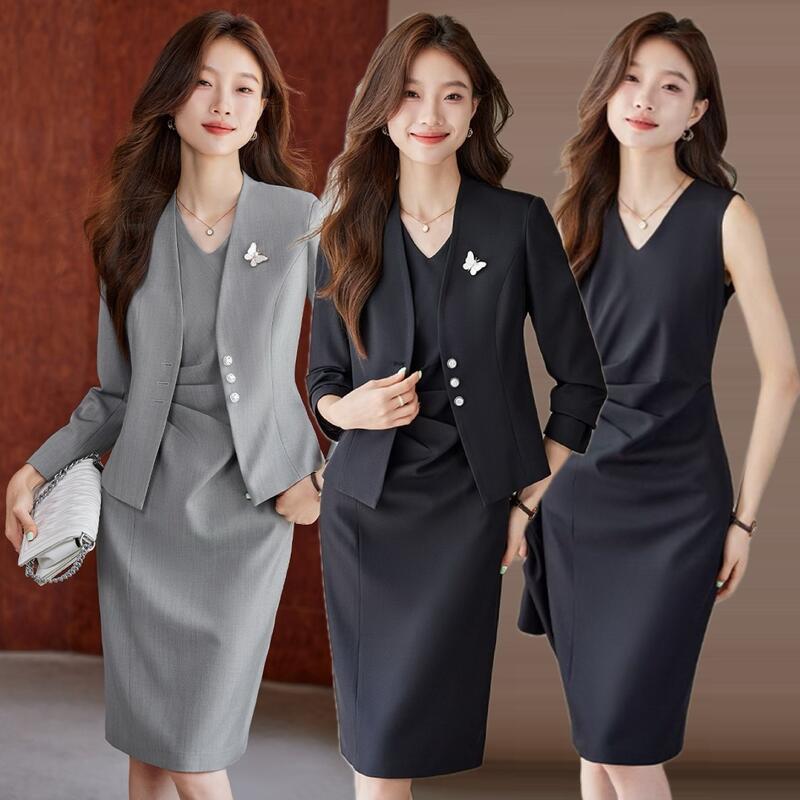 ★S～5XL(6L)★2色★ブラック グレー スーツセット ワンピーススーツ ジャケット ワンピース 結婚式 パーティー OL 卒業式 入学式 インスタ 撮影★ジャケット＆ウエストタック入りワンピース2点セット レディーススーツ S M L XL 2XL 3XL 4XL 5XL サイズ★フリーダムsale｜スーツドレスカジュアルフリーダム