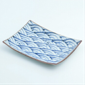 古伊万里 色絵 青海波にお福さんの図 角皿 2客 C084AS-DAa 古伊万里