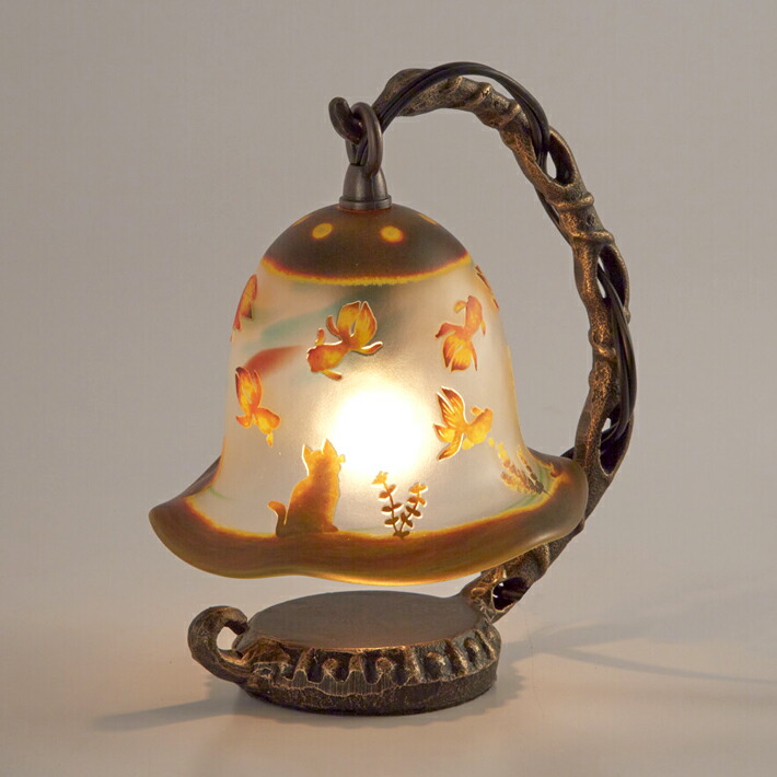 楽天市場 間接照明 インテリアランプ 猫 ねこ ネコ スタンド ガラス照明 ランプシェード 卓上ランプ テーブルスタンドライト おしゃれ かわいい 通販 贈り物 プレゼント 送料無料 アートミラージュランプ 猫と金魚 ウッドギャラリー樹