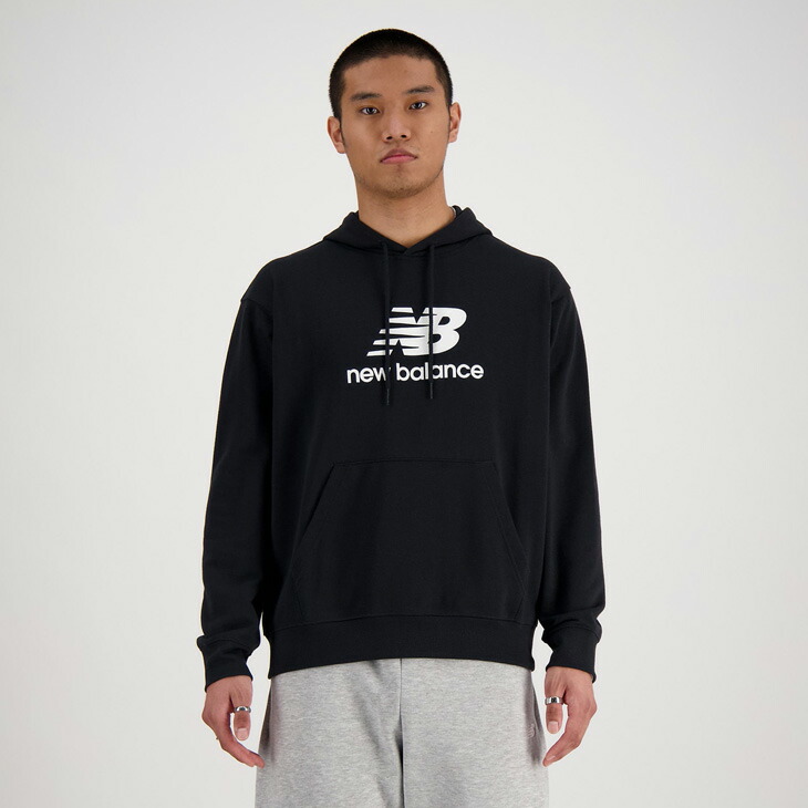 送料無料 ニューバランス スウェット パーカー メンズ NewBalance スタックドロゴ 長袖 フーディ プルオーバー 男性用 スエット トップス パーカ スウェットシャツ スポーティ カジュアル 黒 ブラック スポーツウエア 服 フレンチテリー ブランド アパレル/MT41501-BK