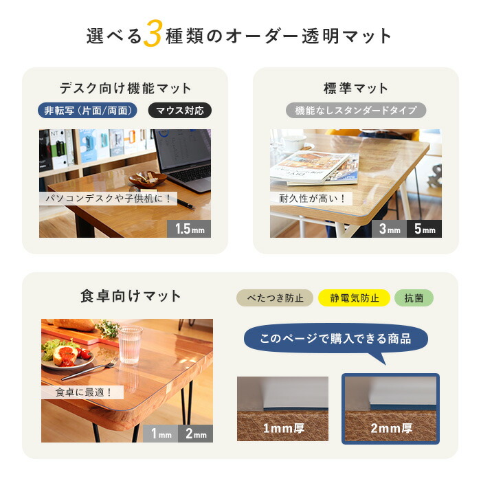 透明テーブルマットビニール製オーダーサイズ食卓向け機能2mm厚クリア抗菌べたつき防止静電気防止