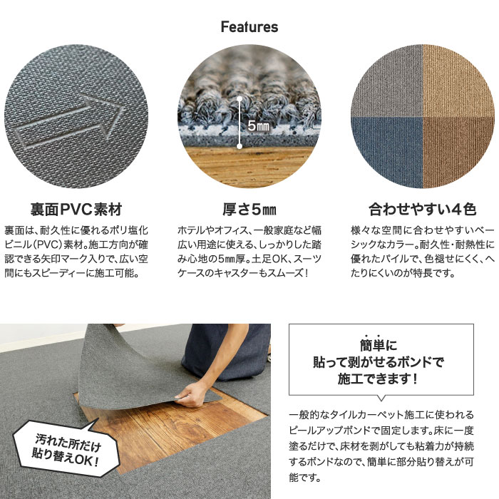 楽天市場 最大400円offクーポン タイルカーペット 防虫 防カビ 抗菌 防臭 アース虫カビnot機能付きタイルカーペット パフェ 50 50cm 16枚入り Gy Be Bl Br Hg Mn リスタ