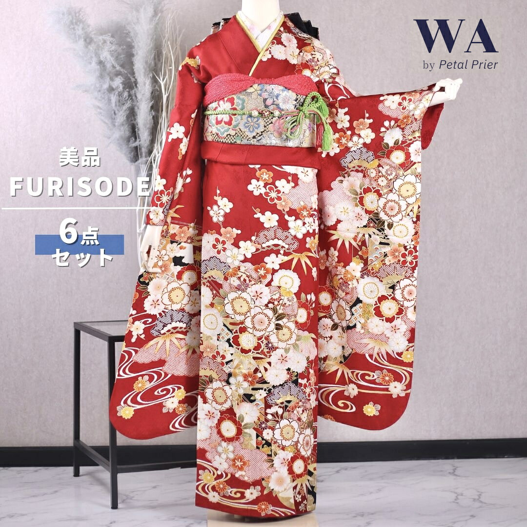 【中古】振袖 6点セット Lサイズ 振袖セット 振袖フルセット フルセット 成人式 着物 晴れ着 赤 古典 古典柄 桜 流水 帯 帯揚げ 重衿 半衿 帯締め 結婚式 ブライダル 十三参り FN-96｜WAnoWA