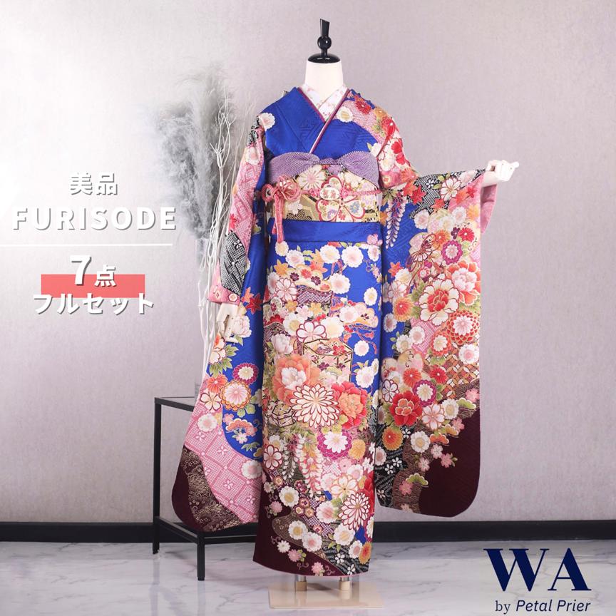 【美品　正絹お振袖　7点フルセット　LLサイズ　グリーン　本格古典】 プチブラン ダークな緑×藤に菊、鈴柄が美しい古典振袖 24033 | おり