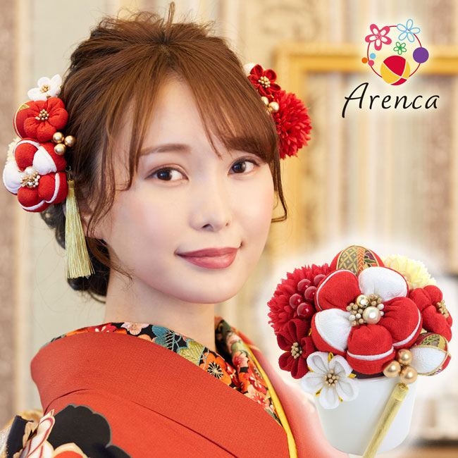 Uピン 髪飾り 12点セット Arenca 福寿梅〈赤&times;白〉No.8345 アレンカ レッド ホワイト 梅 うめ ウメ ちりめん 立体的 ふっくら 振袖 袴 結婚式 パーティ ドレス 夏祭り ブライダル 洋装 アレンジ 自由自在 インテリア プレゼント 着物 花 七五三 和装 成人式 前撮り｜和装小物の和美巧房　店
