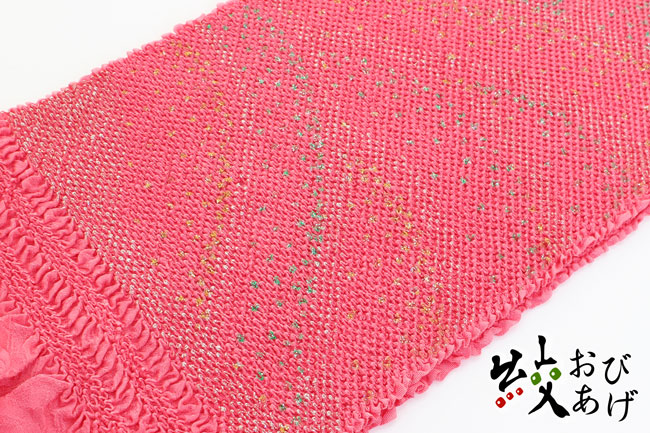 【送料弊社負担】振袖用　和装 成人式 卒業式 結婚式 パーティ 帯揚げ　総絞り　頭金　銀ラメ　彩色ラメ使用　波文〈ピンク〉｜和装小物の和美巧房　店