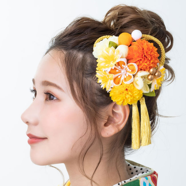 髪飾り 和装 3点セット 花 振袖 袴 成人式 卒業式 結婚式 パーティ 浴衣 夏祭り 和modern ミックスマムブーケ つまみ花 ちりめん玉飾り添え 金組紐房付 オレンジ 黄色 イエロー Fmcholollan Org Mx