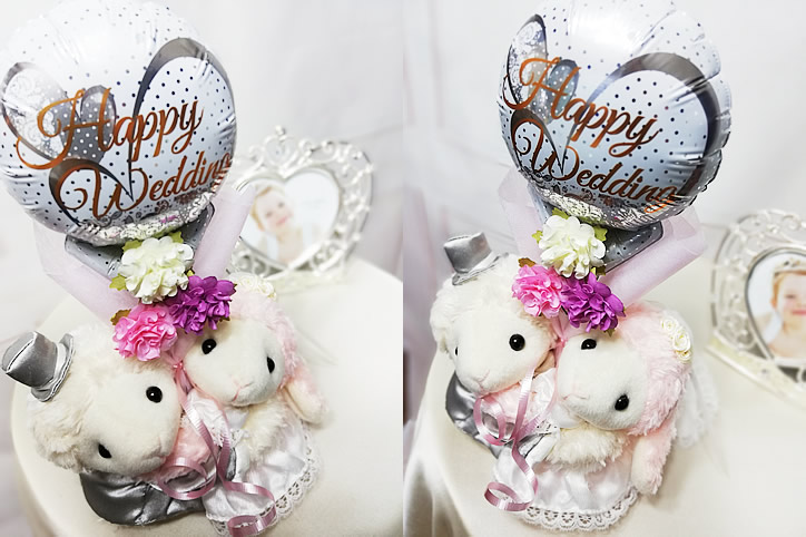 楽天市場 結婚式 バルーン電報 花束 ウエディング衣装 うさぎ くま ひつじ ぬいぐるみ 結婚式レースホワイト ミニバルーン花束付き 選べるめちゃラブウェディングセット ワックアップバルーンズ楽天市場店