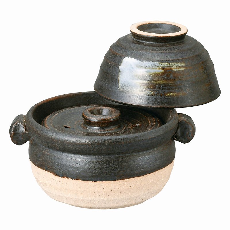 陶里 第31集 黒釉茶碗付ご飯鍋（中蓋付）1合炊 69123-711