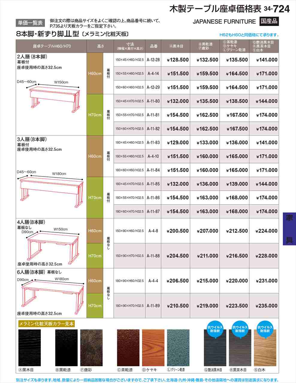 若泉漆器 8本脚･新ずり脚??型 幕板無 黒茶木目 A-4-4R 割烹漆器 No.34