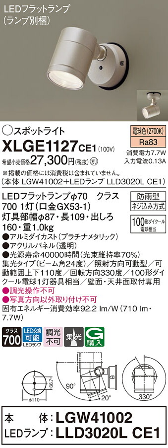 パナソニック XLGE8112 CF1 LEDブラケット 天井・壁直付型 拡散 密閉型