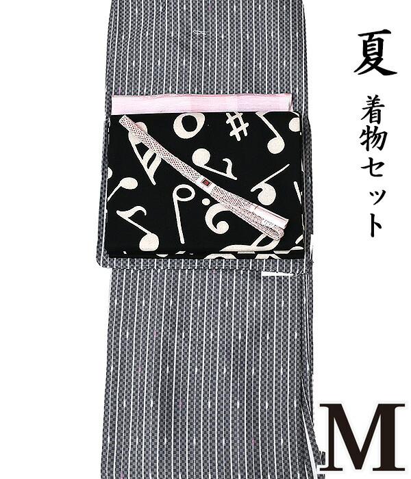 w【10】28920【 初夏 ・ 夏 ♪ お召しもの４点仕掛ける 極 】【 Ｍ 大きさ 】 【 絽 】 洗える 夏お召しもの + 【 綿麻 】 洗える九寸名古屋帯 + 正絹 夏帯揚げ + 正絹 夏帯〆【 ４点仕掛ける 】 お召しもの仕掛ける 単衣 夏  レトロ 今めかしい 縞 音符 ns-562 ongy243 nppk891-m