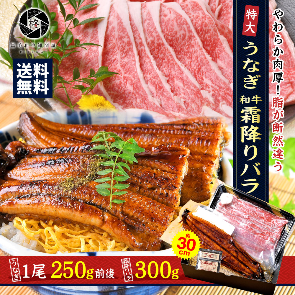 御歳暮 お歳暮 2022 うなぎ蒲焼き 特大うなぎ 1尾 と 黒毛和牛 バラスライス 300ｇ セット 海外