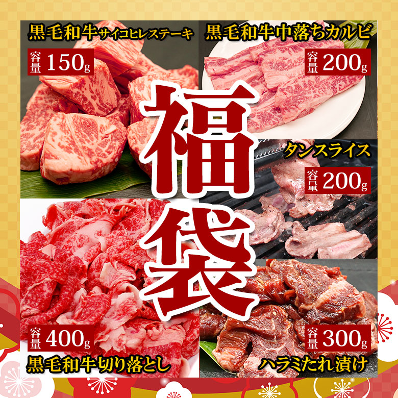 2025 福袋【5】 送料無料 【黒毛和牛 霜サイコロヘレステーキ 150g 黒毛和牛 切り落とし 400g 黒毛和牛 中落カルビ 200g タンスライス 200g ハラミたれ漬け 300g お試し 焼肉 福袋】 2025 福袋 福袋 セット 詰め合わせ 食品 お得 焼肉 卒業祝い 入学祝い プレゼント