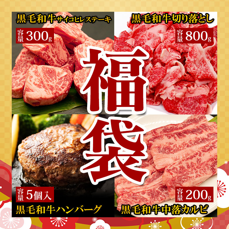 2025 福袋【6】 送料無料 【黒毛和牛 霜サイコロヘレステーキ 300g 黒毛和牛 ハンバーグ 150g ×5個 黒毛和牛 切り落とし 800g 黒毛和牛 中落カルビ 200g お試し 焼肉 福袋】 2025 福袋 福袋 セット 詰め合わせ 食品 お得 肉 焼肉 卒業祝い 入学祝い プレゼント