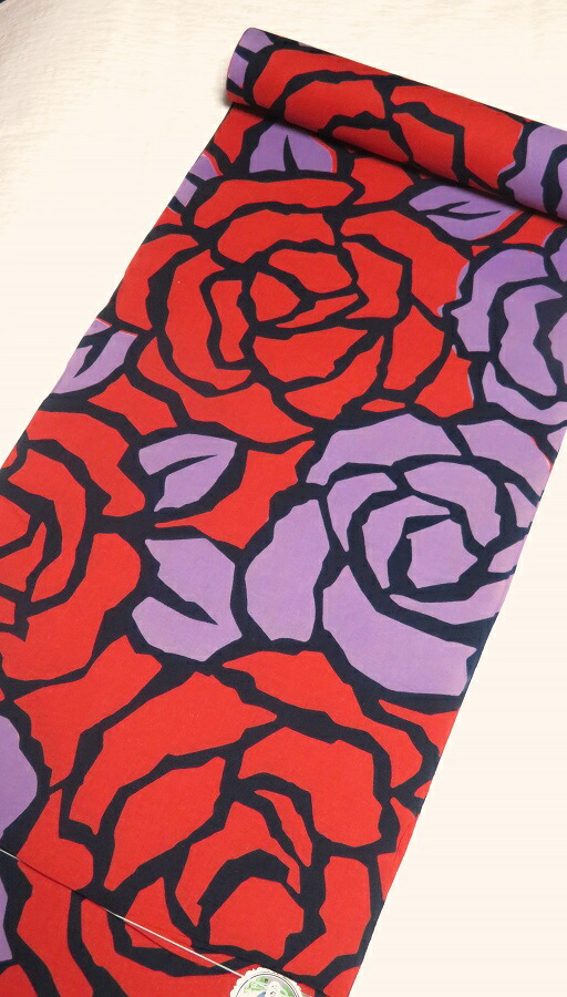 【なでしこ】新品　純綿　浴衣　反物　KENZO 赤　花　タグ付　反363 チューリップ柄の浴衣 七夕夏祭り花火大会文化祭茶華道部お稽古