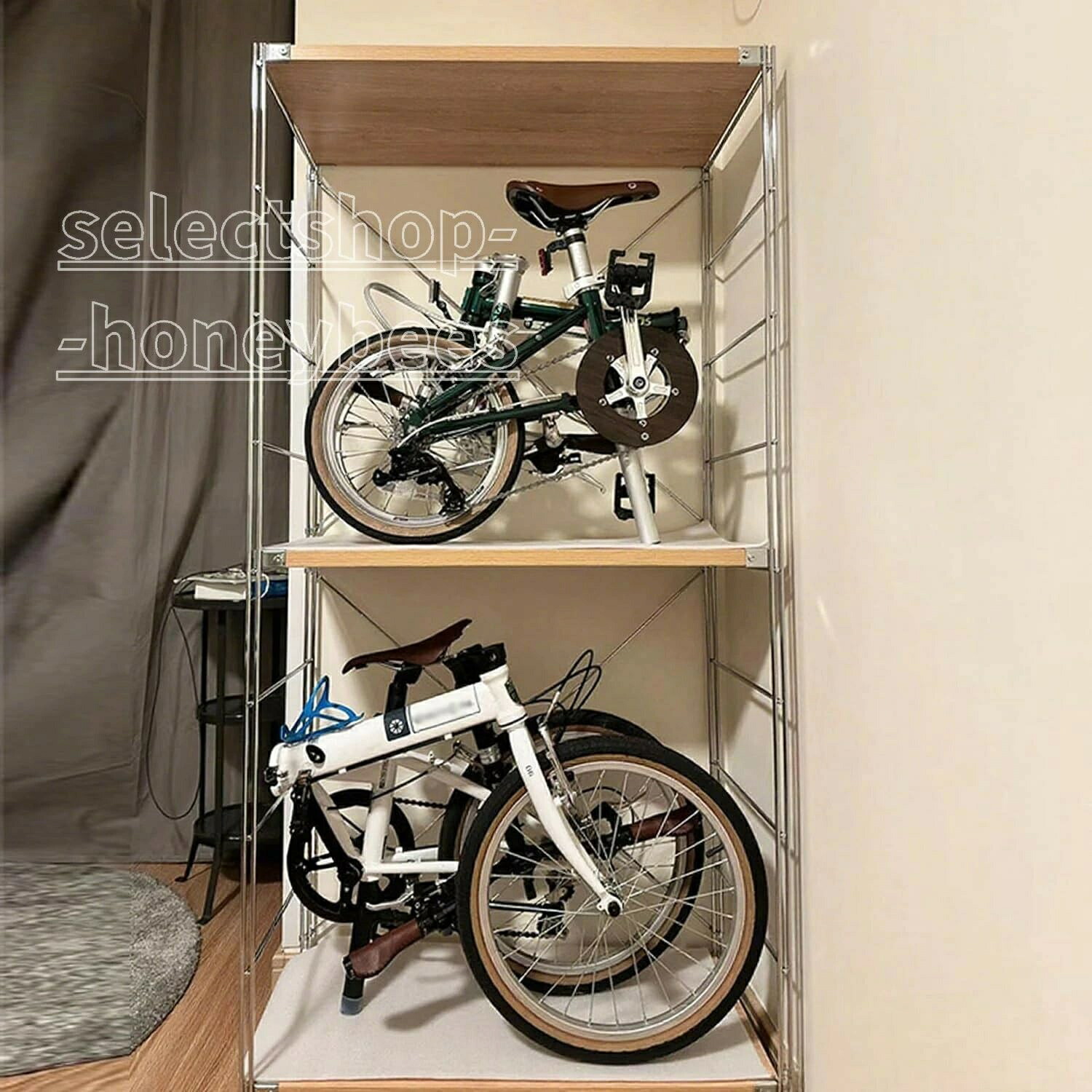 折りたたみ銀輪納める仕合わせ 銀輪見せびらかす照明ランプ 室内自動二輪車 見せびらかす照明ランプ 二層 銀輪照明ランプ 読み込む自動二輪車 照明ランプ 室内庫入れ用縦置き照明ランプ 長さ83.5×奥ふかさ41×高さ170珊 純一無雑材 部屋の入り口広座敷に至適