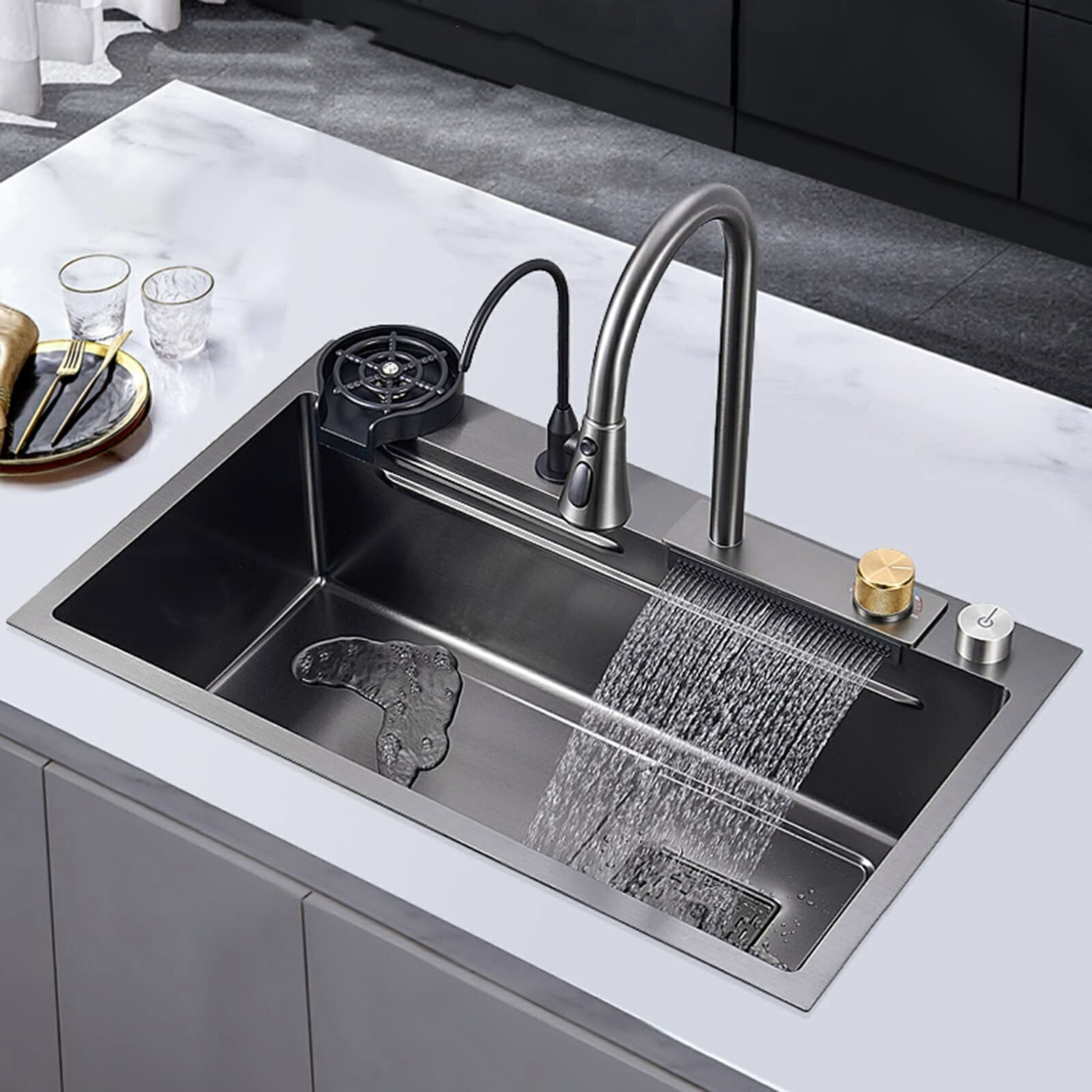 キッチン シンク 304 ステンレス スチール ナノ レインダンス ウォーターフォール シンク ホーム シンク 野菜洗面器 シングル シンク ワークステーション キッチン シンク 引き出し式蛇口、加圧カップ ウォッシャー付き (Gun grey 68*45*20cm)