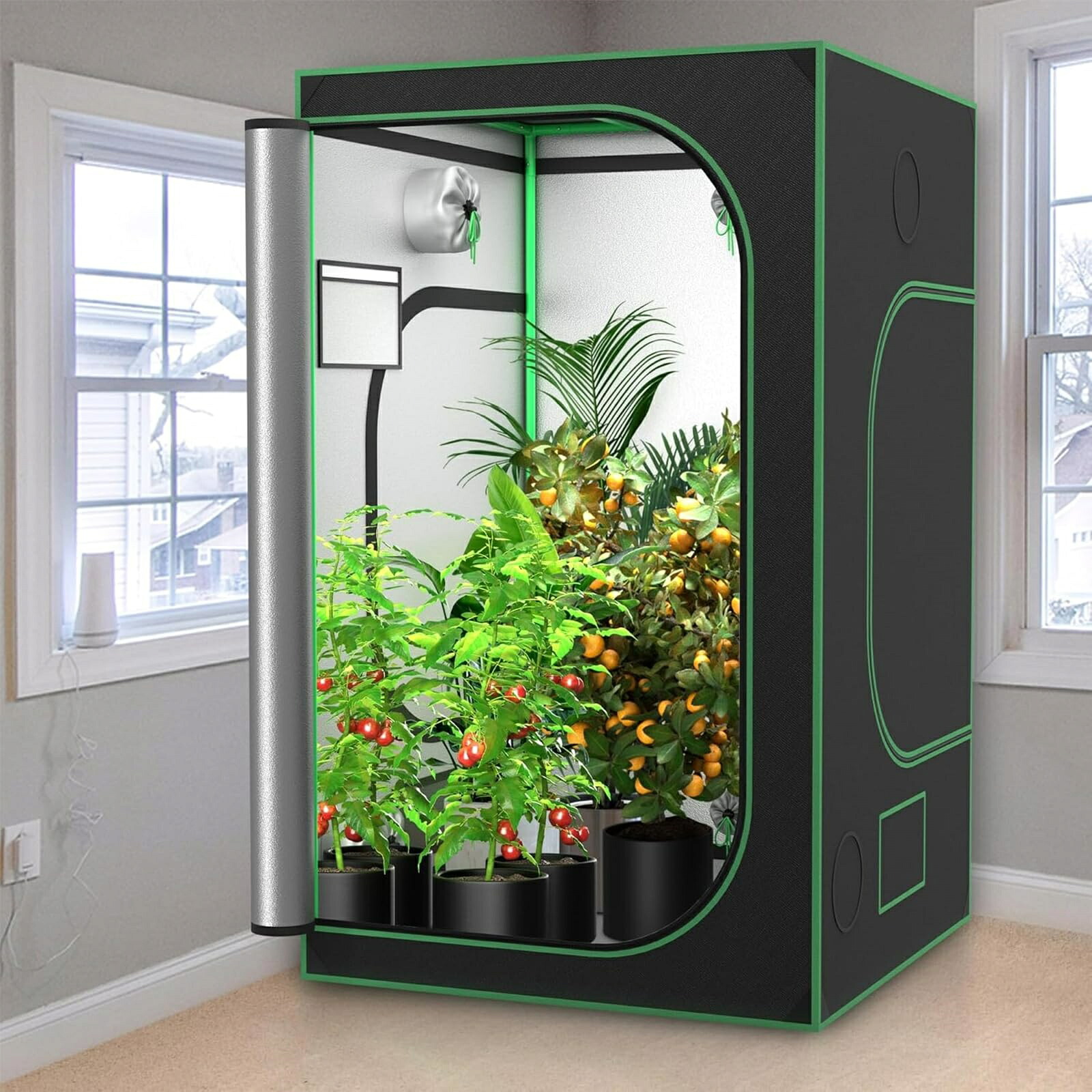 植物栽培テント 室内/屋外温室 600D反射素材 グロウボックス 頑丈金属フレーム 見やすい窓 取り外し可能フロアトレイ 二重通気口|ワイズ商店