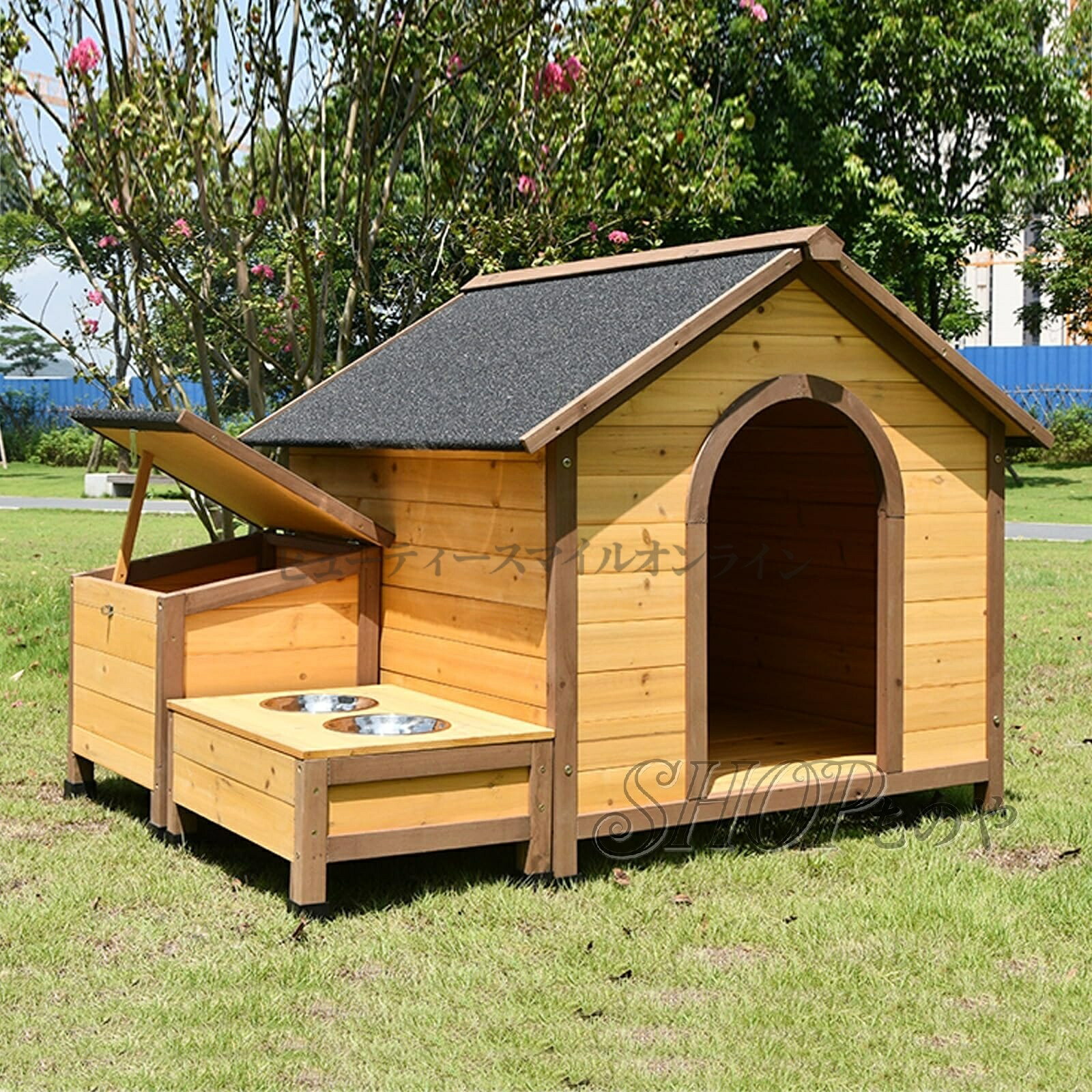 大型サイズの木製犬小屋 大型犬用の犬用クレート アスファルト屋根のフードボウル 水入れ付きキャビンスタイルの高床式犬用シェルター｜ワイズ商店