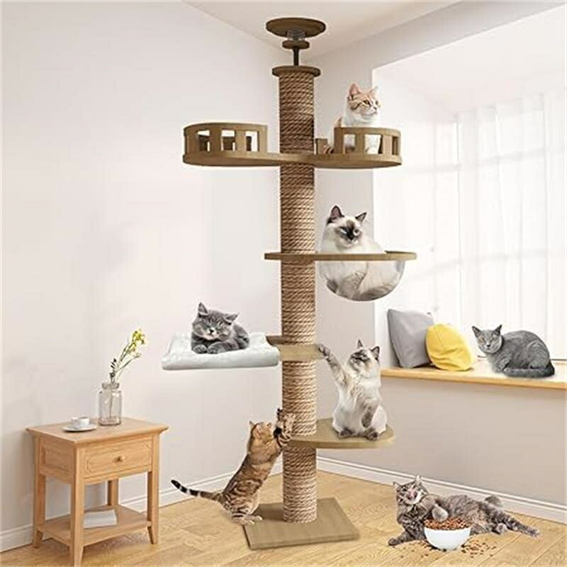 キャットタワー 突っ張り 木登りタワー 木製 キャットツリー スリム 宇宙船 ハンモック 多層無垢材 太い支柱 大型猫用 多頭飼い 猫タワー 爪とぎ つめとぎ 猫 人気 おしゃれ かわいい ねこ キャットウォーク 安定性良い