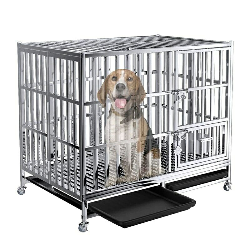 ペットケージ 大中型犬用 キャスター付き 金属製で頑丈 ロック付き 折りたたみ式 サークルトレー付き 大型 小型 中型犬クレートおしゃれ 鉄製 ステンレス鋼 147cm×95cm×117cm