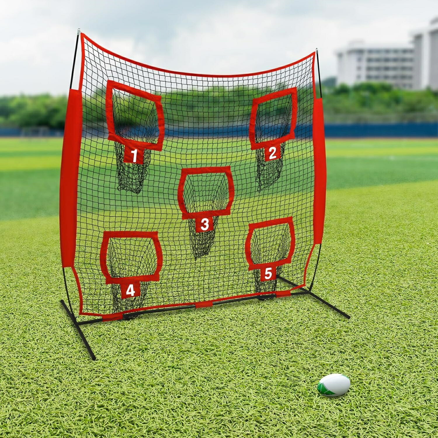 7 x 7フート ラグビースローイングネット、ラグビーパスターゲットネット、かっこうの的隠し5個付き添い人、屋内外兼用