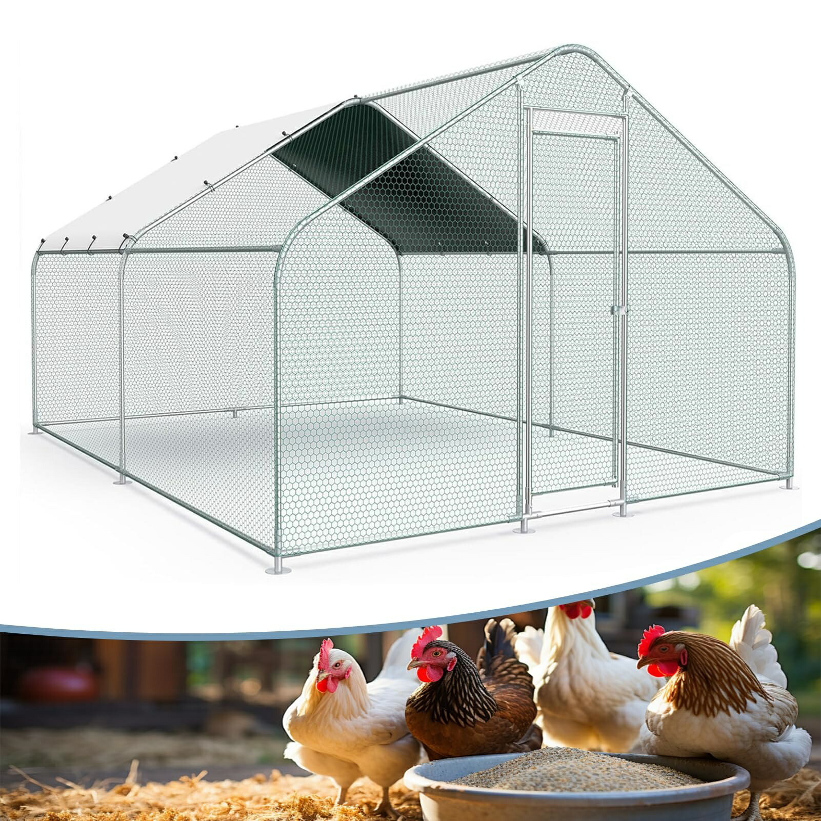 大型金属製鶏小屋ラン、頑丈な金網と防水屋根カバー付き、屋外用歩行式鶏舎、庭農場用、防水・UVカットカバー付き、屋外裏庭農場に最適