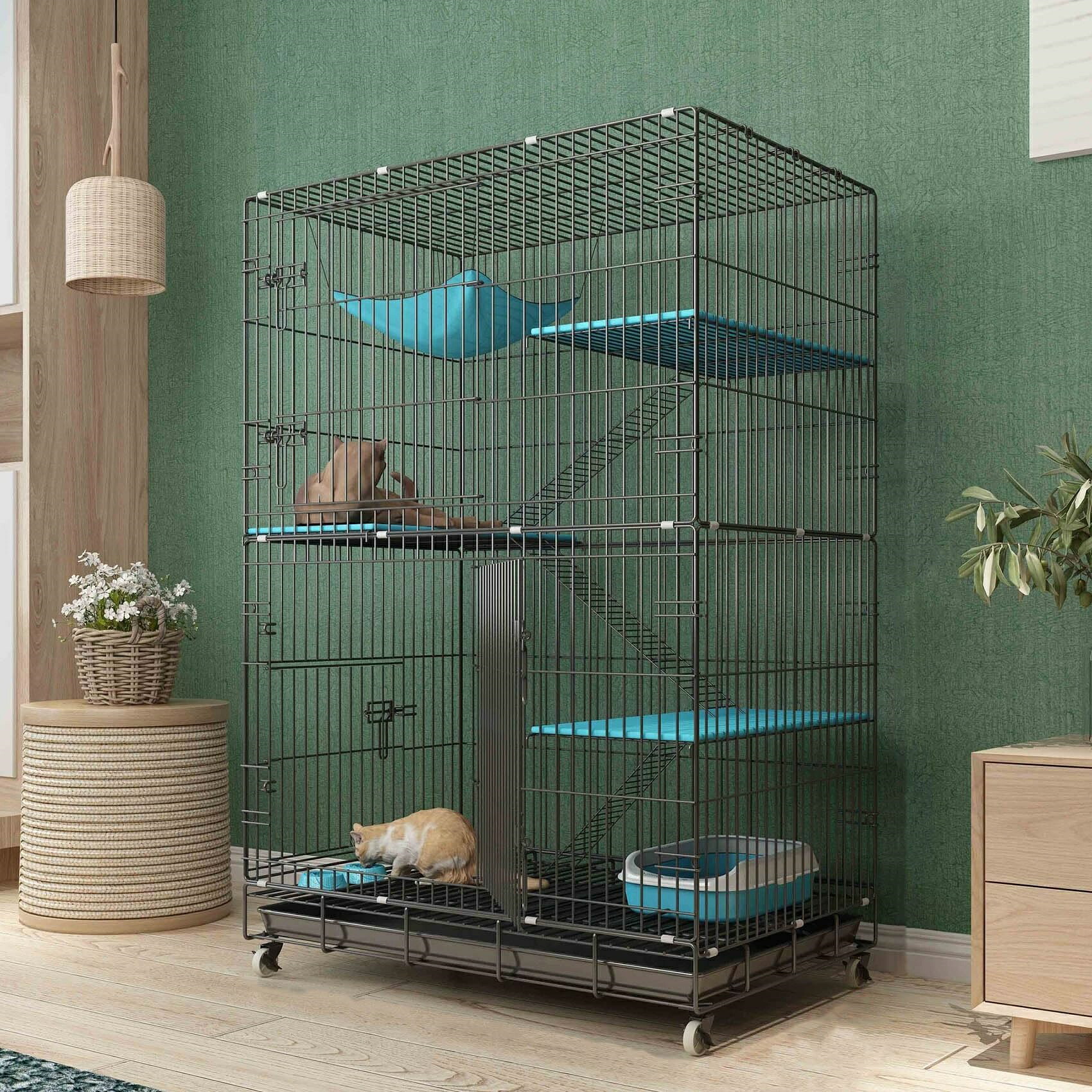 猫用ケージ 90X60X135CM 多段式選択 4段 猫ハウス 室内用猫のゲージ 大型猫用ケージ 多頭飼い猫 折り畳み式 移動便利 組立簡単 室内飼い キャスター付｜ワイズ商店