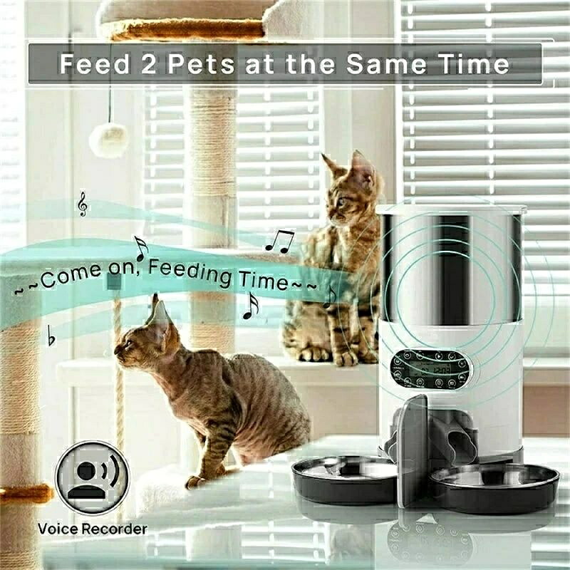 自動給餌器 犬 猫用多頭飼 ペット自動えさやり器 猫自動餌やり機 大容量 手動給餌可 録音可 定時定量 1日4食 2Way給電 透明タンクで餌の残量確認可 ステンレス製トレ2個|ワイズ商店