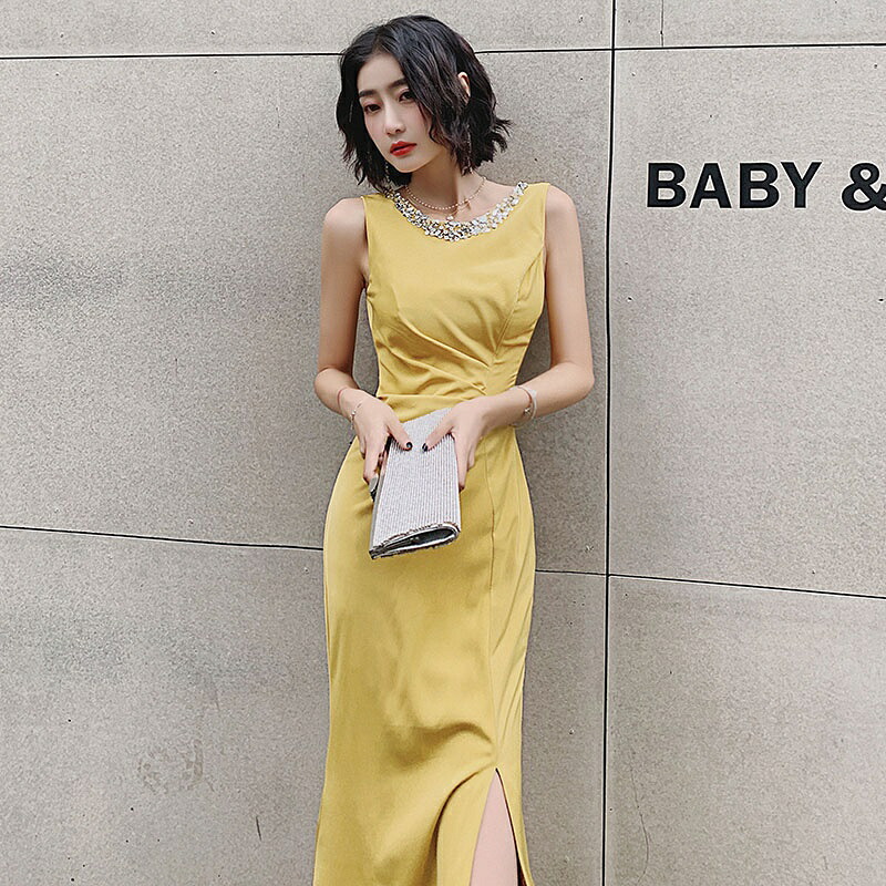 カラードレス イエロー ブラック ファスナー パーティードレス フォーマルドレス ロングドレス スリット スレンダードレス 結婚式 二次会 発表会 ノースリーブ ゲストドレス ウェディングドレス ウエディングドレス イブニングドレス 演奏会 披露宴 マーメイドドレス|ワイズ商店
