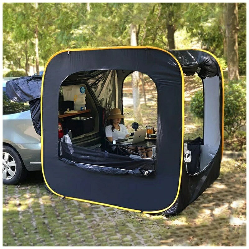 バックドア テント キャンプ用 車用テント トランクテント 震災 災害用 防水・UV機能 メッシュ窓付き 虫除け対策 リアゲート ハッチバックテント 車中泊 車と連結 屋根シート付 簡単設営 アウトドア 台風 防災グッズ black ロッドなし