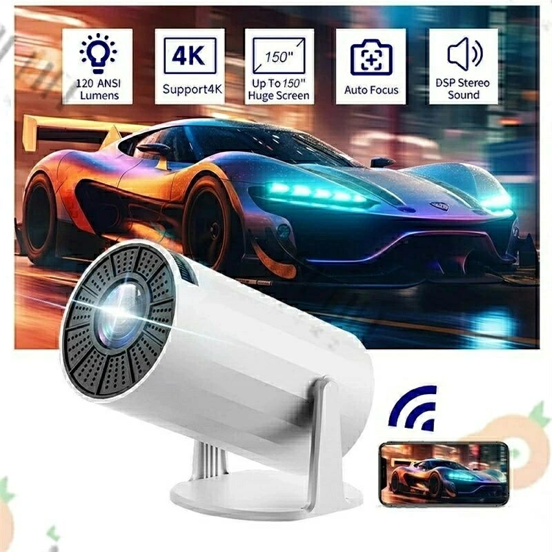 4K/1080P対応 ミニプロジェクター ポータブルプロジェクター WiFi6 BT 5.0 Android 11 自動水平補正機能付きスマート プロジェクター 180°回転 モバイル対応 屋外映画プロジェクター（ホワイト） 米国プラグ