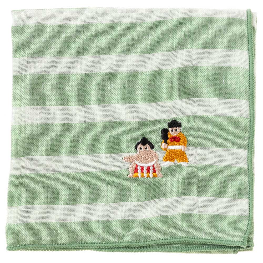 相撲ハンカチ　力士と行司（ボーダー）　刺繍入りガーゼハンカチ　スーベニール　Japanese pattern embroidered gauze handkerchief