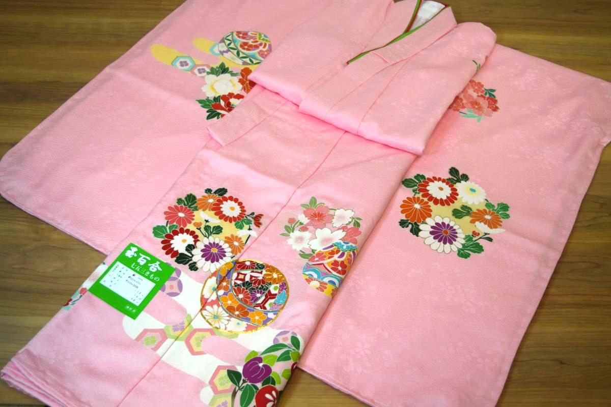 【日本製】【正絹】【金駒刺しゅう】7歳四ッ身御召しもの（単品）「手書き友禅はんなりとした花の冠（もの柔らかサクラ色）」【10P05Nov16】