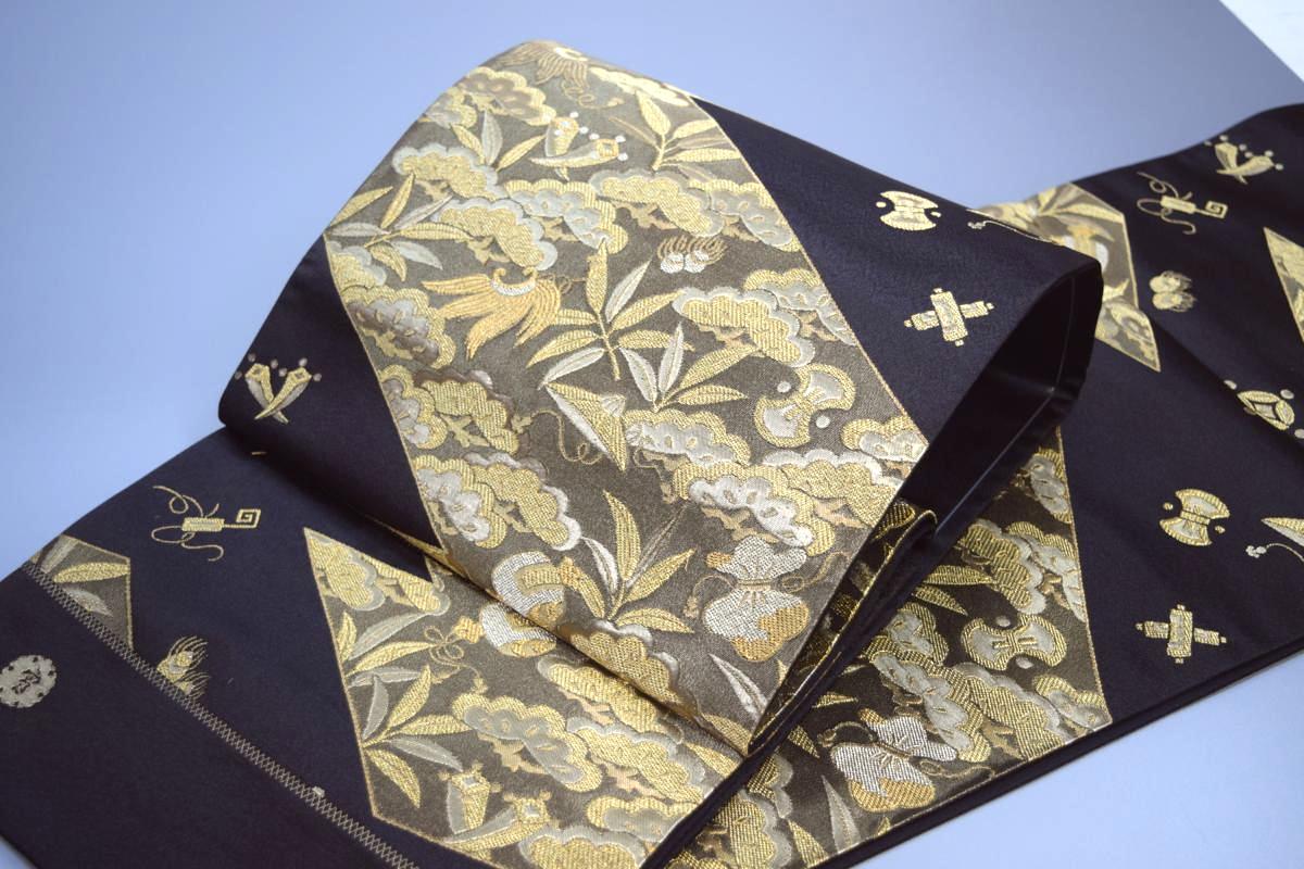 【訪問着・色無地・振袖】【渡辺雪三郎】西陣織正絹袋帯「黒地に宝づくし」【10P03Dec16】｜和工房みやお