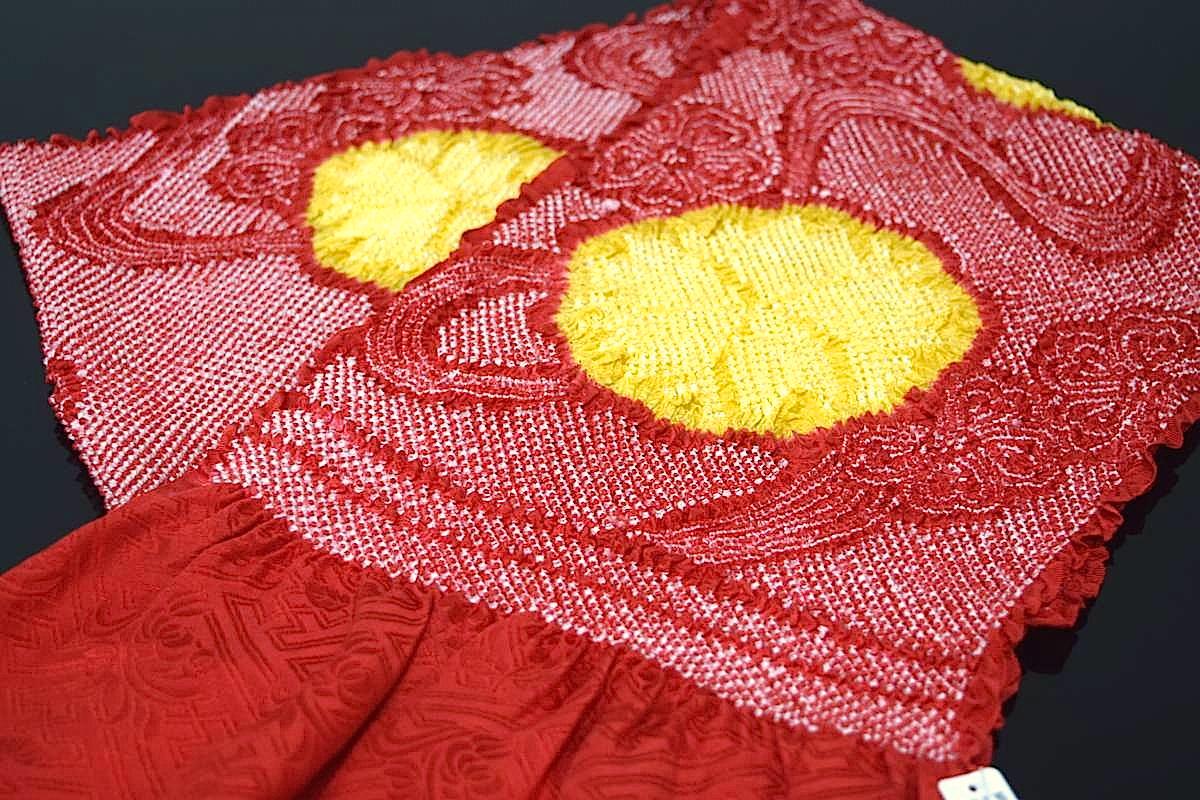 【振袖用帯揚げ】高級正絹総絞り帯揚げ「桜に流水（赤&times;山吹色）」｜和工房みやお