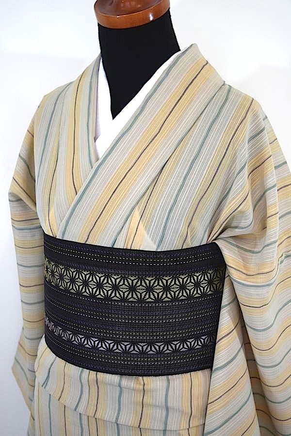 【SALE!】【夏物】仕立てもの上がり洗えるお召しもの（小紋）【嵐山そのとおりむら】「ベージュ地に縞」