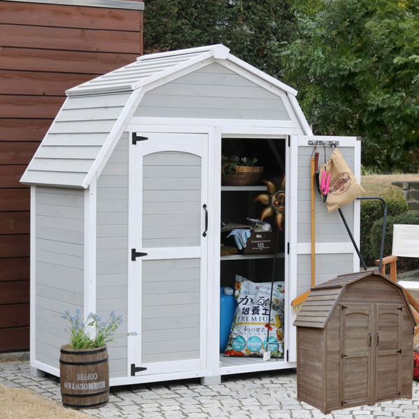 ギャンブレル屋根 木製収納庫 物置 木製 小屋 倉庫 木製 幅161cm 幅161cm 奥行90cm 倉庫 高さ187cm ヨーロッパ調 農具置き Kgam 1850 わくわく家具今日から使える割引クーポン配布中 グレーホワイト ダークブラウン ギャンブレルルーフ 大型収納庫 二面切妻屋根 大量