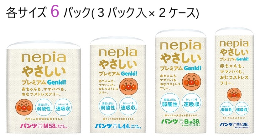 nepia やさしいプレミアム Genki パンツ 各サイズ×6パック Ｍ 58枚 Ｌ 44枚 ビッグ 38枚 Ｂｉｇより大きいサイズ26枚 ネピアやさしいプレミアム  ネピア ゲンキ genki アンパンマン キャラクター 紙おむつ 紙オムツ おむつ オムツ まとめ買い 大量 業務用 最大58%OFFクーポン