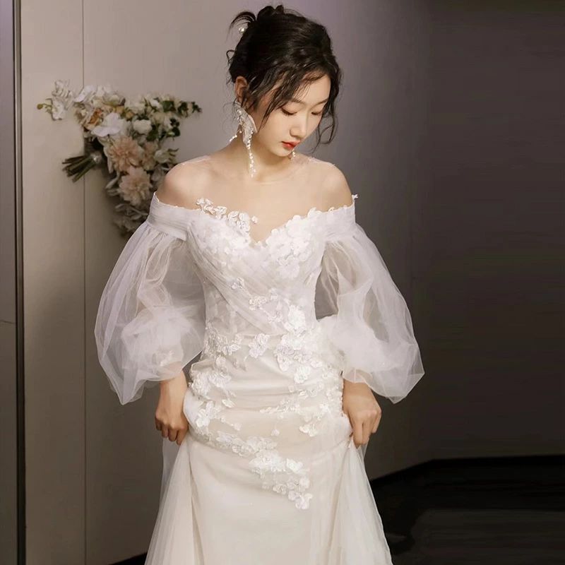 XXL XL L M S 長袖 袖あり オシャレ パフスリーブ ホワイト ブライダルドレス ロング 花嫁ドレス 結婚式ドレス お姫様 姫系 ドレス チュール 白 ウェディング 二次会ドレス 可愛い 花柄 レース オフショルダー ウェディングドレス 8,231円