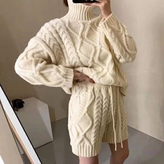 おしゃれ 上下セット カジュアル ローゲージ ざっくり ハーフパンツ タートルネック ショートパンツ ニットパンツ ハイネックセーター ケーブル編み ニットアップ ニット レディース セットアップ