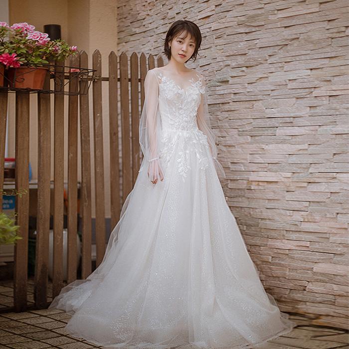 結婚式 Aラインドレス 長袖 ロングドレス 花嫁 パーティードレス お呼ばれ服 二次会 ウェディングドレス エンパイア 小きいサイズ 大きいサイズ 発表会 wedding dress ブライダル 前撮り 後撮り フォトウェディング ウェディングフォト 挙式 披露宴|わくわくわく堂